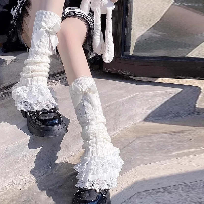Japanese Knitted Leg Warmers Bow Decor Lace Ruffle Trim Long Socks Cute Lolita Style Gaiters Stockings Cosplay Leg Accessories