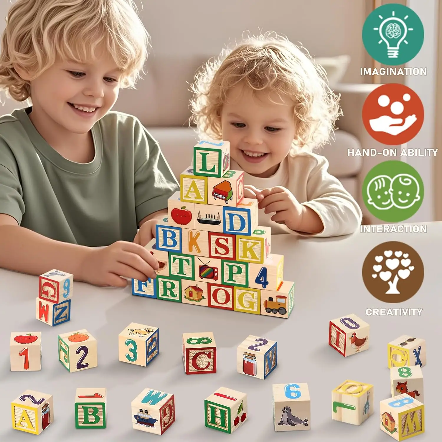 ABC Wooden Blocks for Toddlers 1-3 Alphabet Learning & Educational Toys with Box & Letter Spelling Matching Game, Boys Girls Mon