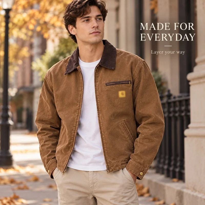 Mens Washed Cotton Workwear Jacket Contrast Collar Zip Front Long Sleeve Vintage Casual Outerwear for Spring Autumn Daily Wear