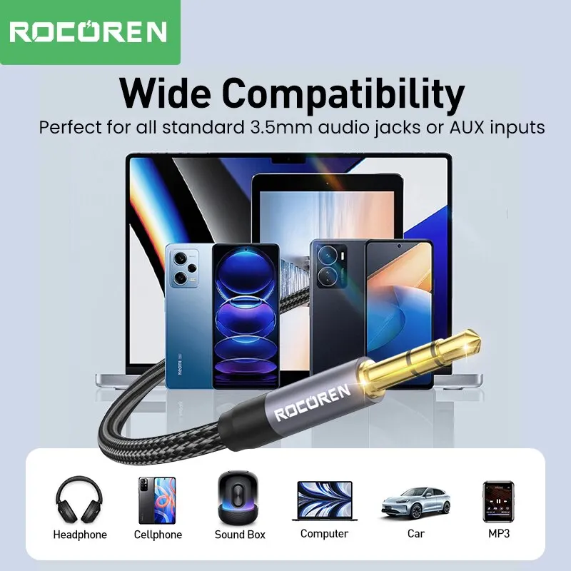 Rocoren 3.5mm Jack wtyczka do kabla Audio z męskiego na męskie przewód Aux Audio 3.5mm do telefonu słuchawki samochodowe MP3 głośnik komputer