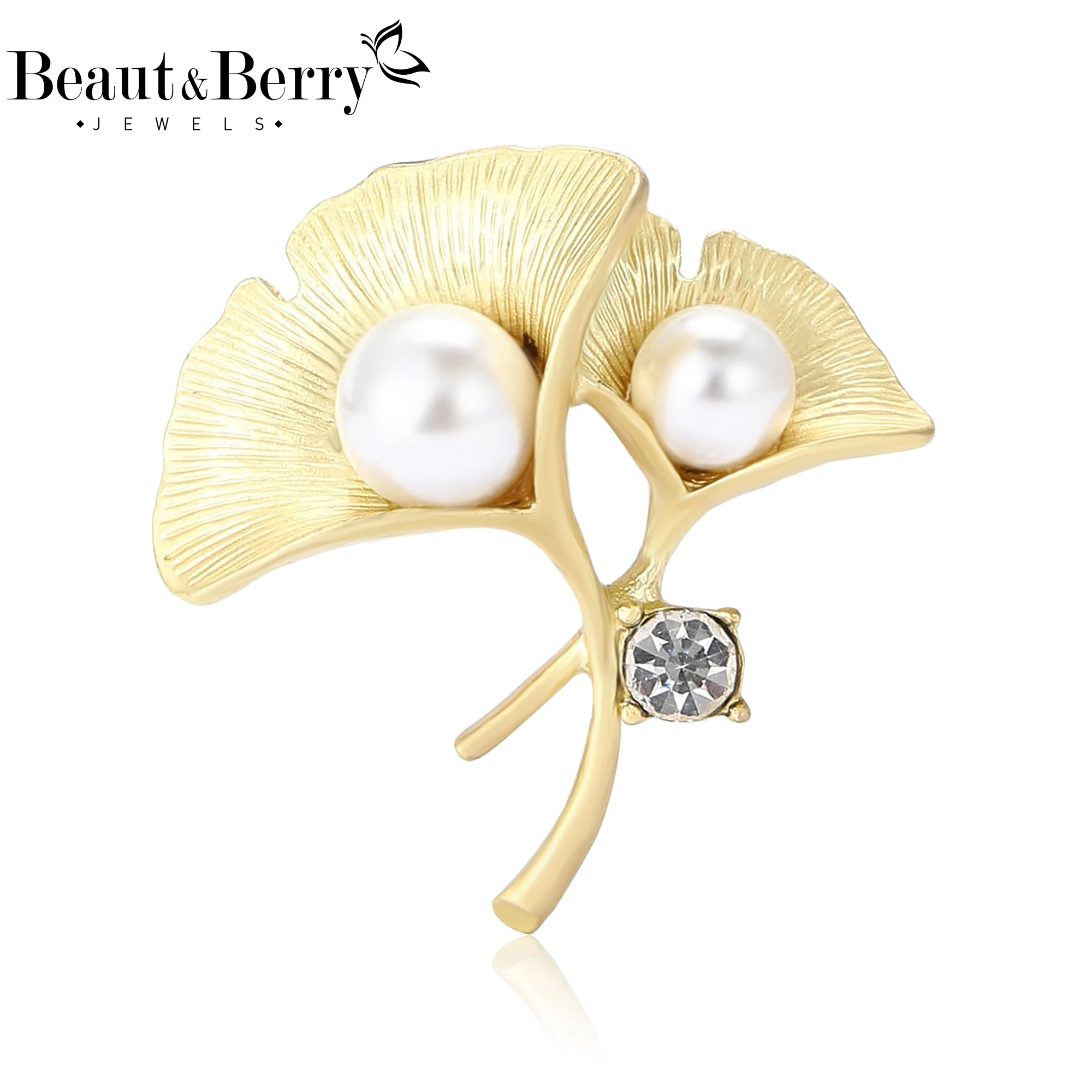 Beaut&Berry Luxury Pearl Ginkgo Leaf Brooches for Women Unisex Plant Pins Casual Party Jewelry Accessories Gifts Decoration