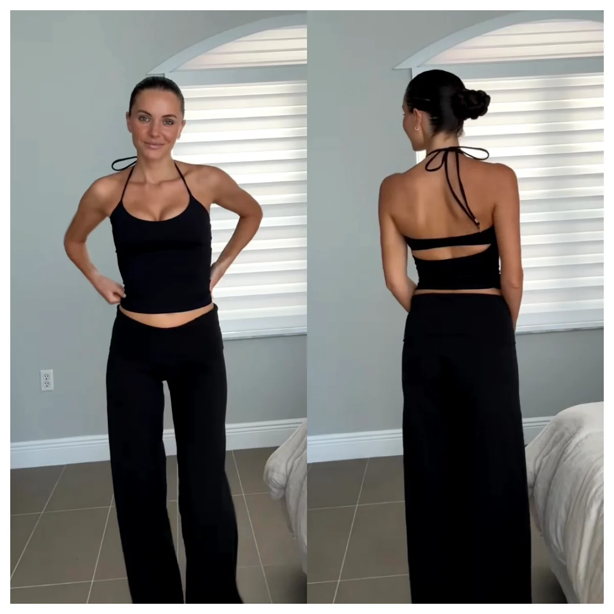 

Tank Women's Open-Back Stretchy Camisole Top with Metal Accessories and Self-Tie Shoulder Straps, Low-Neck Sexy Halter Top