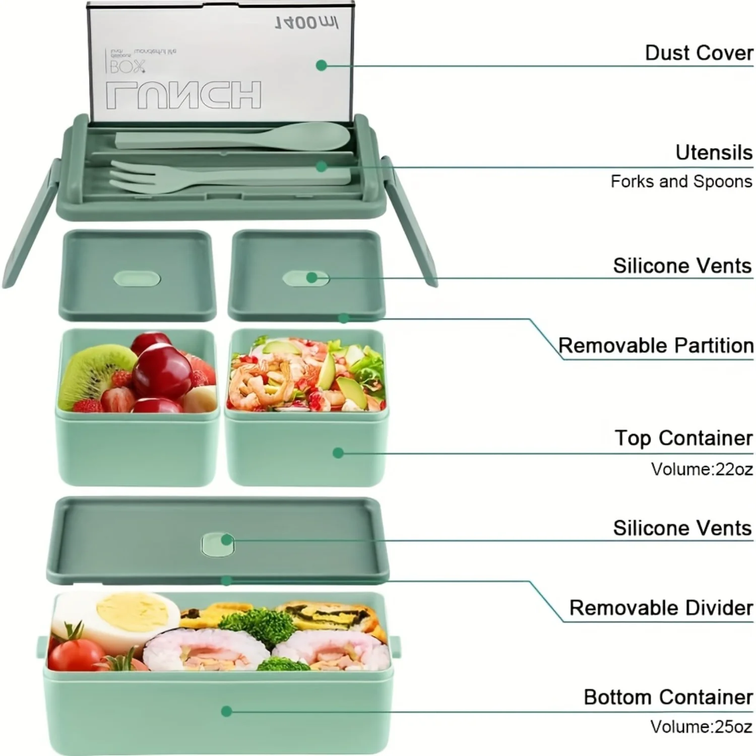 Stackable Square Bento Lunch Box - Leakproof, Microwave Safe with Customizable Compartments for Office, School, Travel