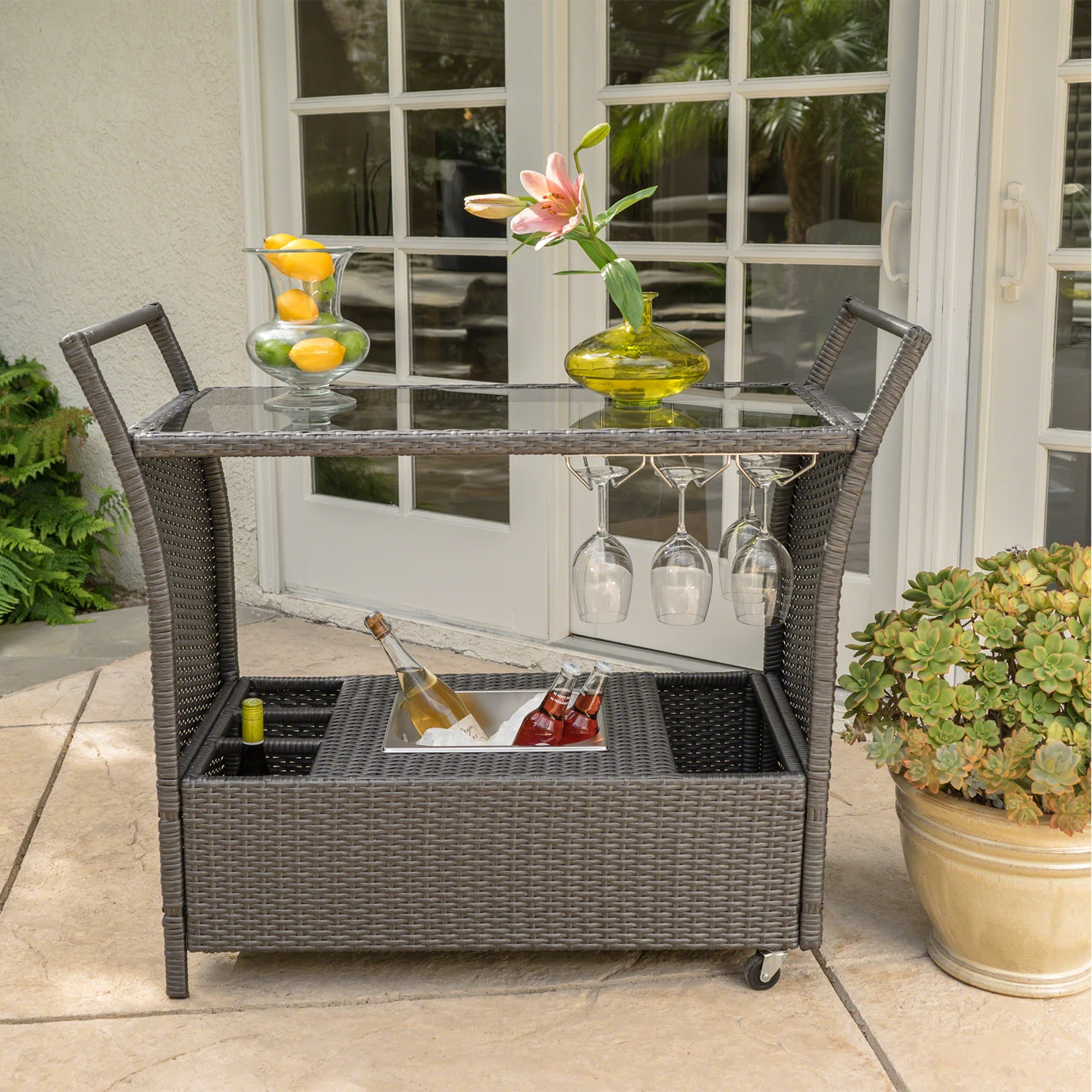 Outdoor Rolling Bar Cart Patio Wicker Storage Cabinet Serving Cart With Removable Ice Bucket Tempered Glass Countertop