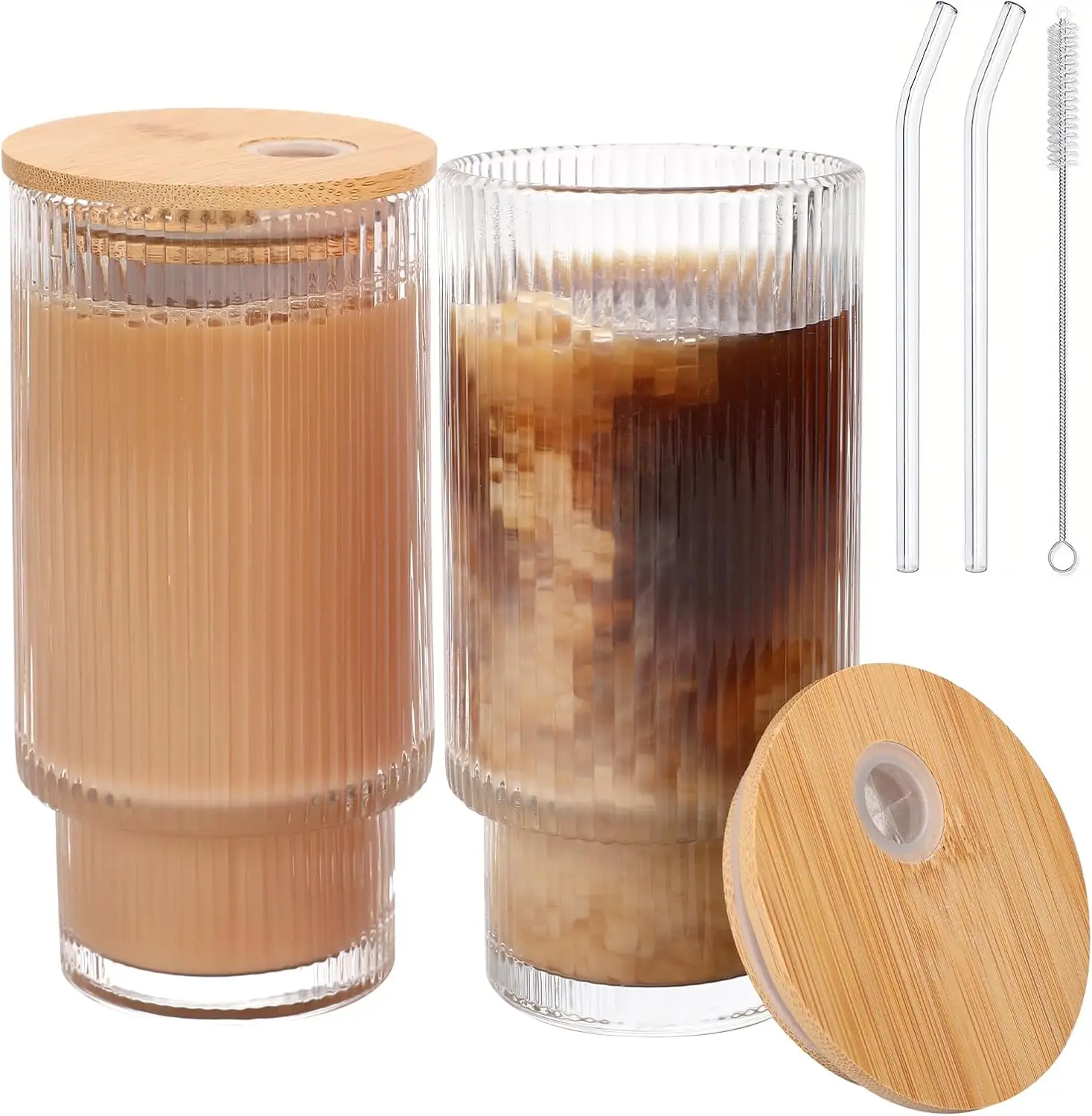 

Glass Cups with Bamboo Lids and Straws - 16 oz Iced Coffee Cups, Vintage Ribbed Drinking Glasses, Tumbler for Juice, Beer, Coffe