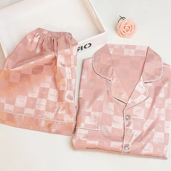 2023 New Lapel Button Cardigan 2 Piece Outfit Set Women Ice Silk Soft Sleeping Wear for Women Pink Lattice Pajamas for Girls