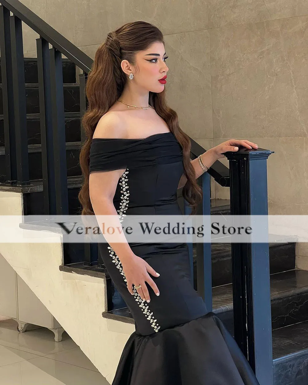 Vestidos de Noche negros modestos con hombros descubiertos Arbic Dubai vestido de fiesta de invitados de boda ropa Formal para ocasiones personalizada