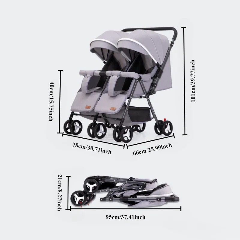 Double Stroller Sit & Lying Side By Side Lightweight Foldable Twin Umbrella Stroller with Universal Front Wheel Two-way Stroller