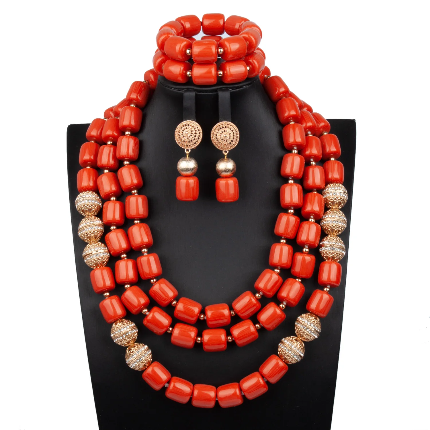 

New Fashion Artificial Coral Beads Jewelry Set Copper Alloy Gold Indian Bridal Statement Jewelry Set Women Gift ABS170