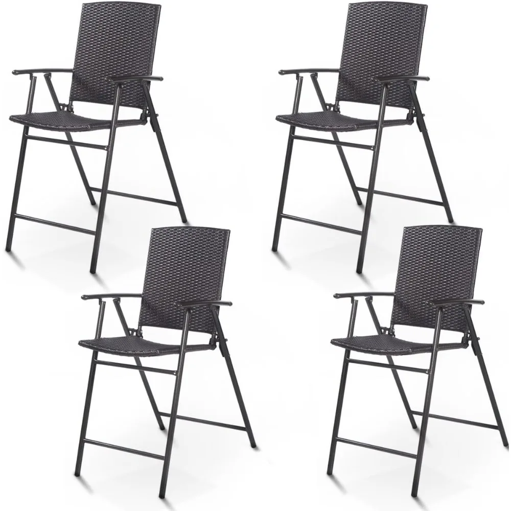 

Set of 4 Folding Wicker Rattan Bar Chairs High Stool with Back Steel Frame Portable Outdoor Indoor UV Resistant Barstools