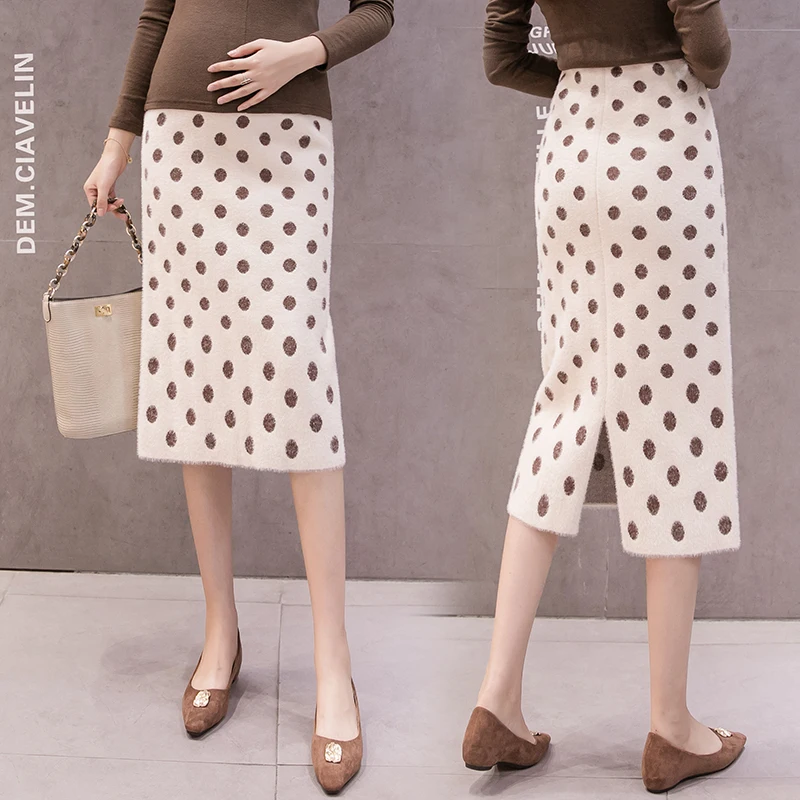 Winter Pregnant Women Abdomen Knitting Skirt Back Split Fashion Polka Dot Maternity Empired Skirts Straight Pregnancy Skirt Cute