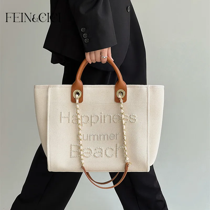 Borsa Shopper firmata da donna borsa a tracolla in tela di perle di perline di marca borsa a tracolla di grande capacità borsa da spiaggia con