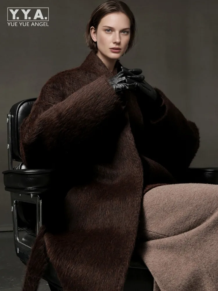 Ladies Fashion Winter V Neck Belt Alpaca Wool Coat Single Breasted Jacket Warm Windproof Female Wide Waisted Office Outerwear