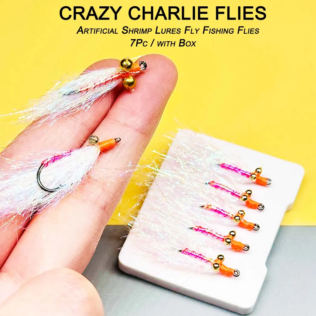 7 piezas con caja, moscas para pesca con mosca, señuelos Crazy Charlie, señuelos artificiales de camarón para pescar salmón y trucha
