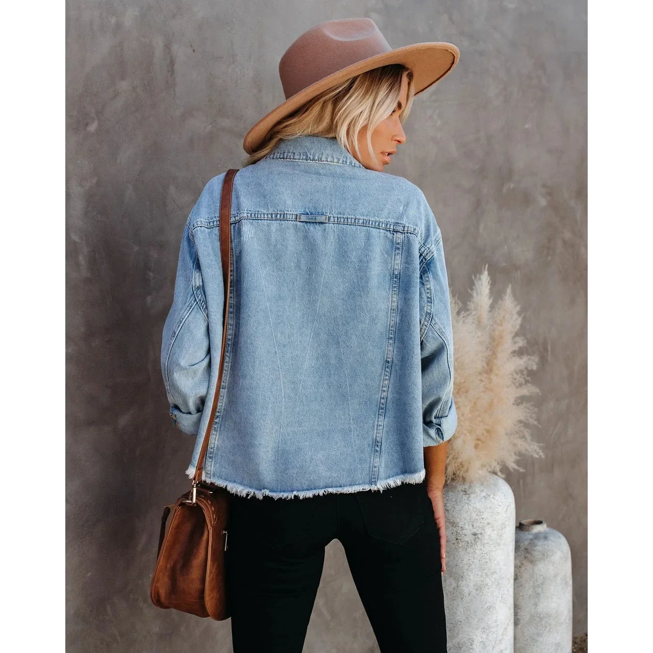 Denim Coat Women Distressed Turn Down Collar Cardigan Jackets Single Breasted Casual Basics Pockets Button Spliced Solid