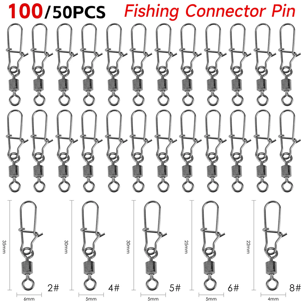 100/50PCS Fishing Swivels And Carabiner Fishhook Fishing Connector Pin Swivel Metal Snap Rolling Swivel Carp Fishing Accessories