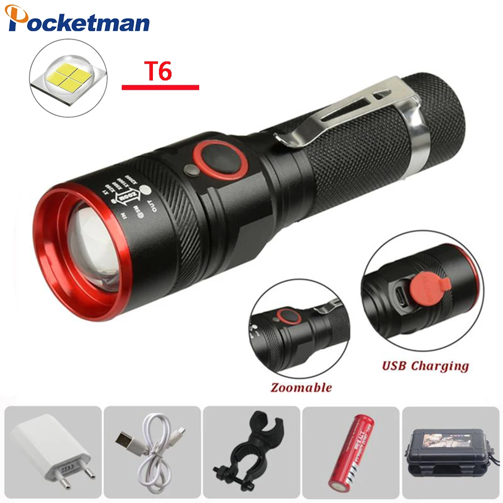 Powerful LED Flashlight Rechargeable Aluminium Alloy Flashlights Zoomable Torch Waterproof Flashlight for Camping Hiking Fishing