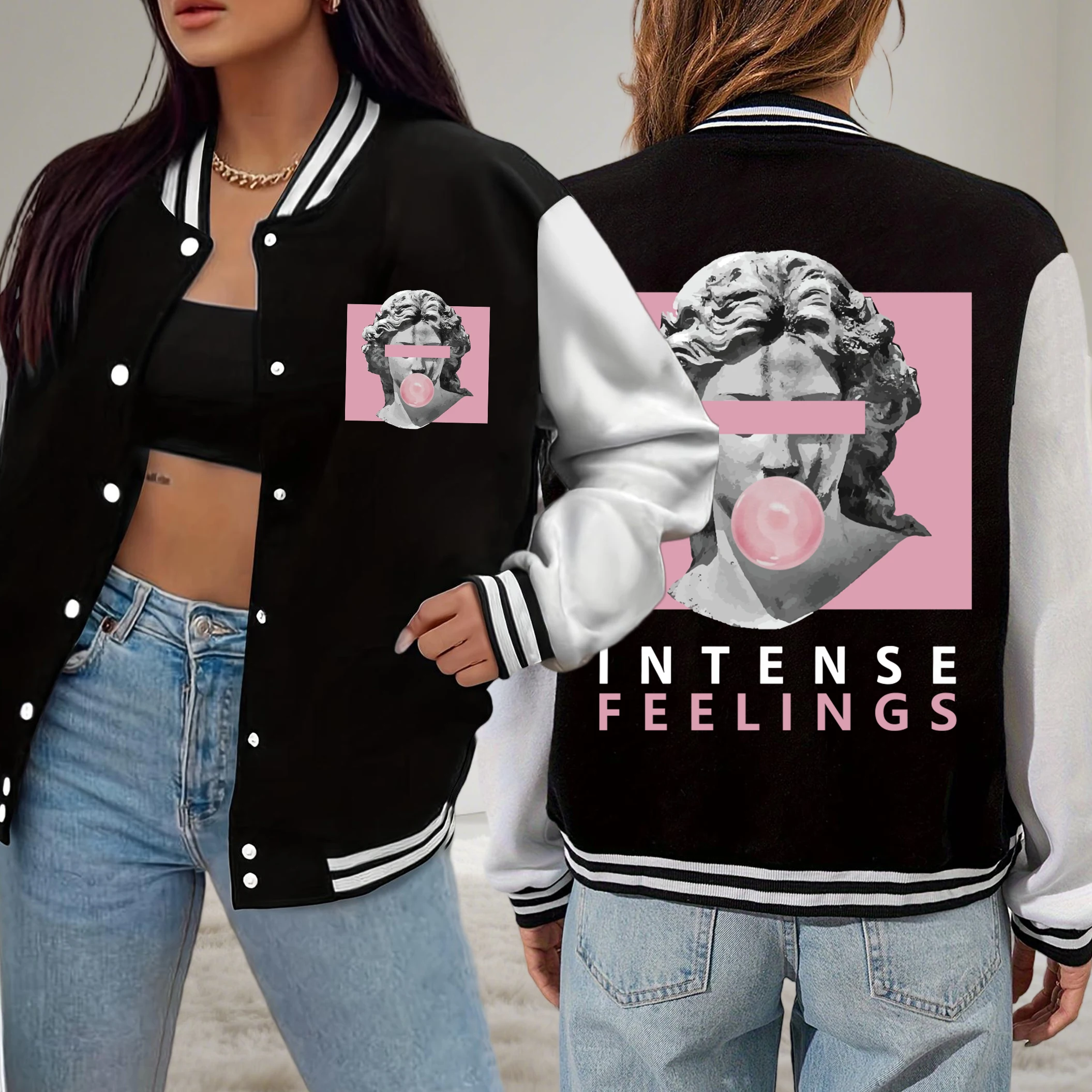 

Intense Feelings Sculpture Blowing Pink Bubbles Printed Baseball Uniform Women Loose Pocket Clothing Autumn Warm Streetwear