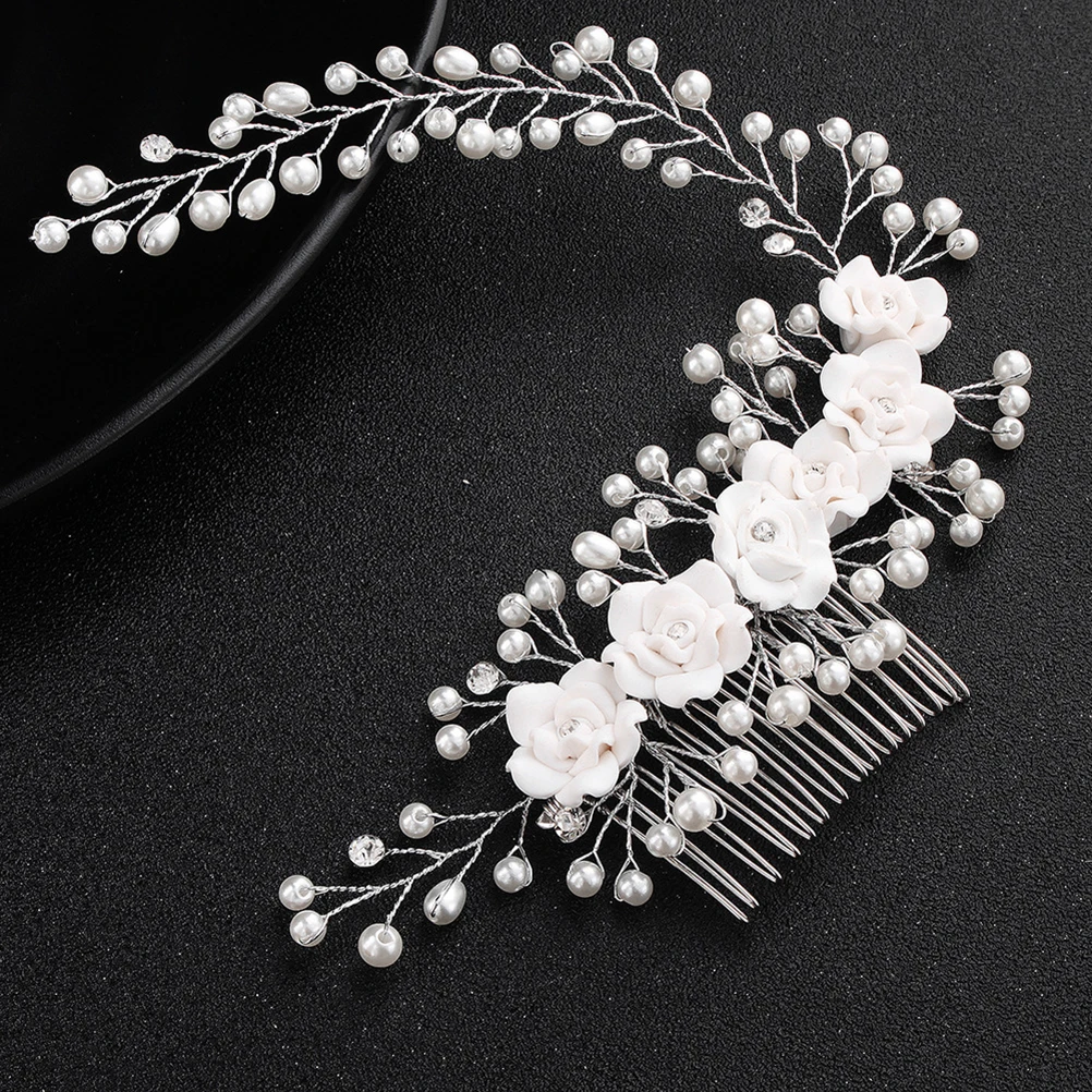 

Wedding Hair Comb Bridal Floral Headwear Comb Pearl Hair Pieces Bridal Tiara Wedding Accessories (White)