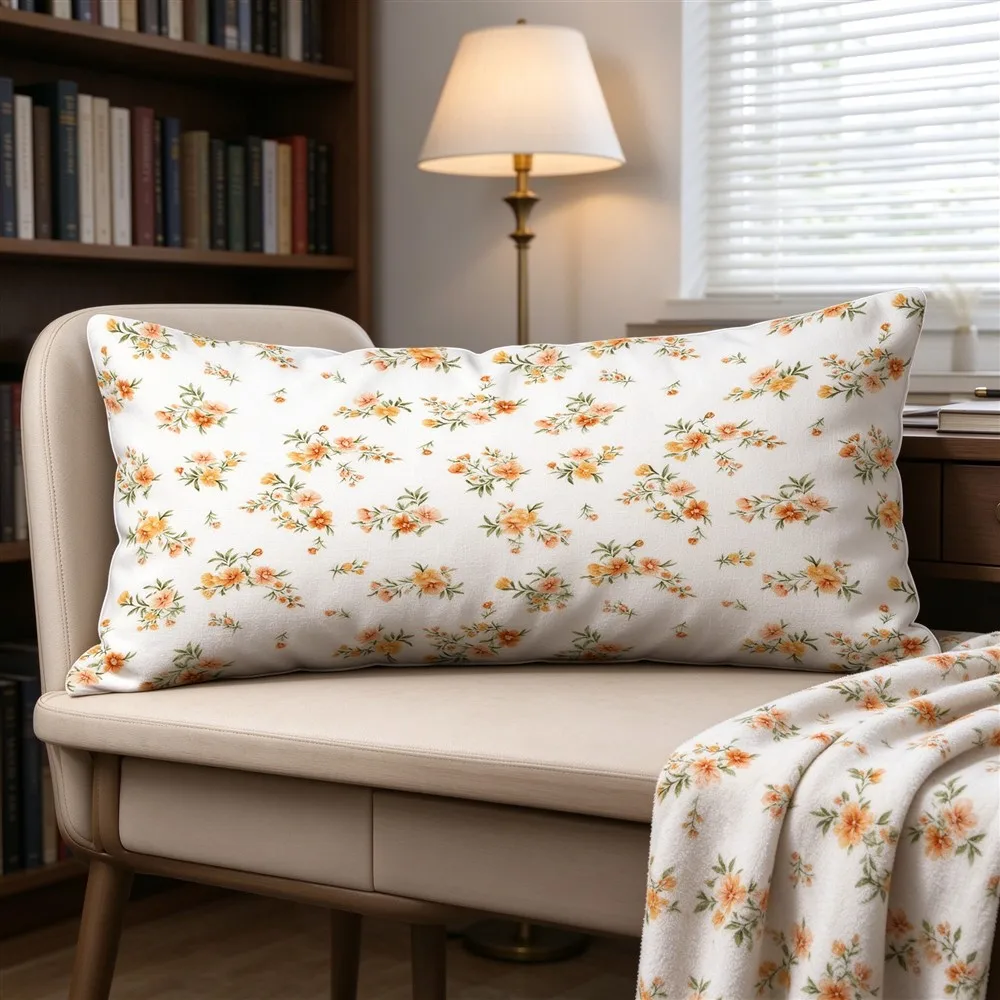White Yellow Sunny Bloom Print Long Pillow Cover, Bright Style, Study Decorative, Polyester, Throw Pillow, Quick Dry, Chic