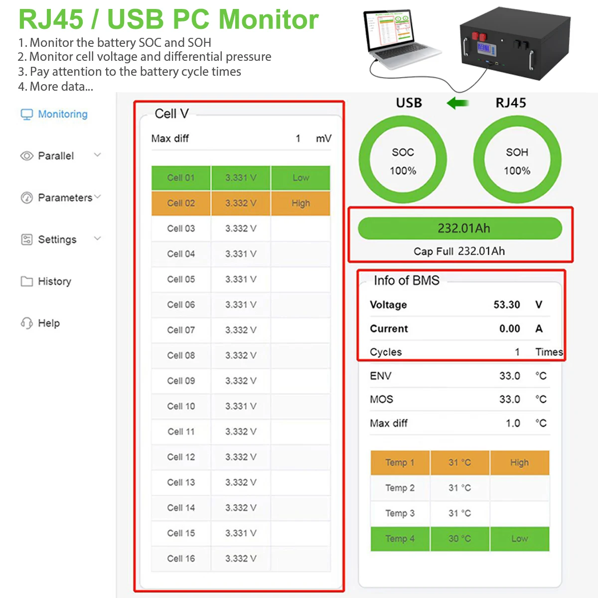 LiFePO4 48V 230Ah 12Kwh Battery Pack 6000+ Cycles 51.2V 200Ah 100Ah 16S BMS RS485 CAN Max 32 Parallel PC Monitor EU Stock NO TAX