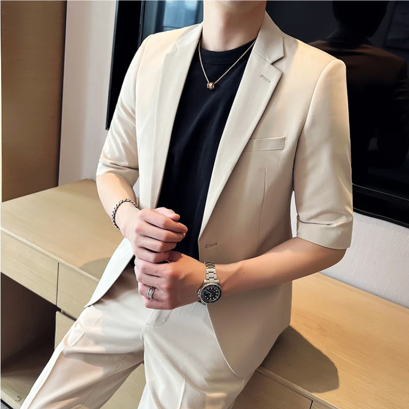 2023 Summer Fashion Short Sleeve Blazer Jacket Match Pant Slim Fit Solid Color 2-piece Men Casual Business Office Party Tuxedo