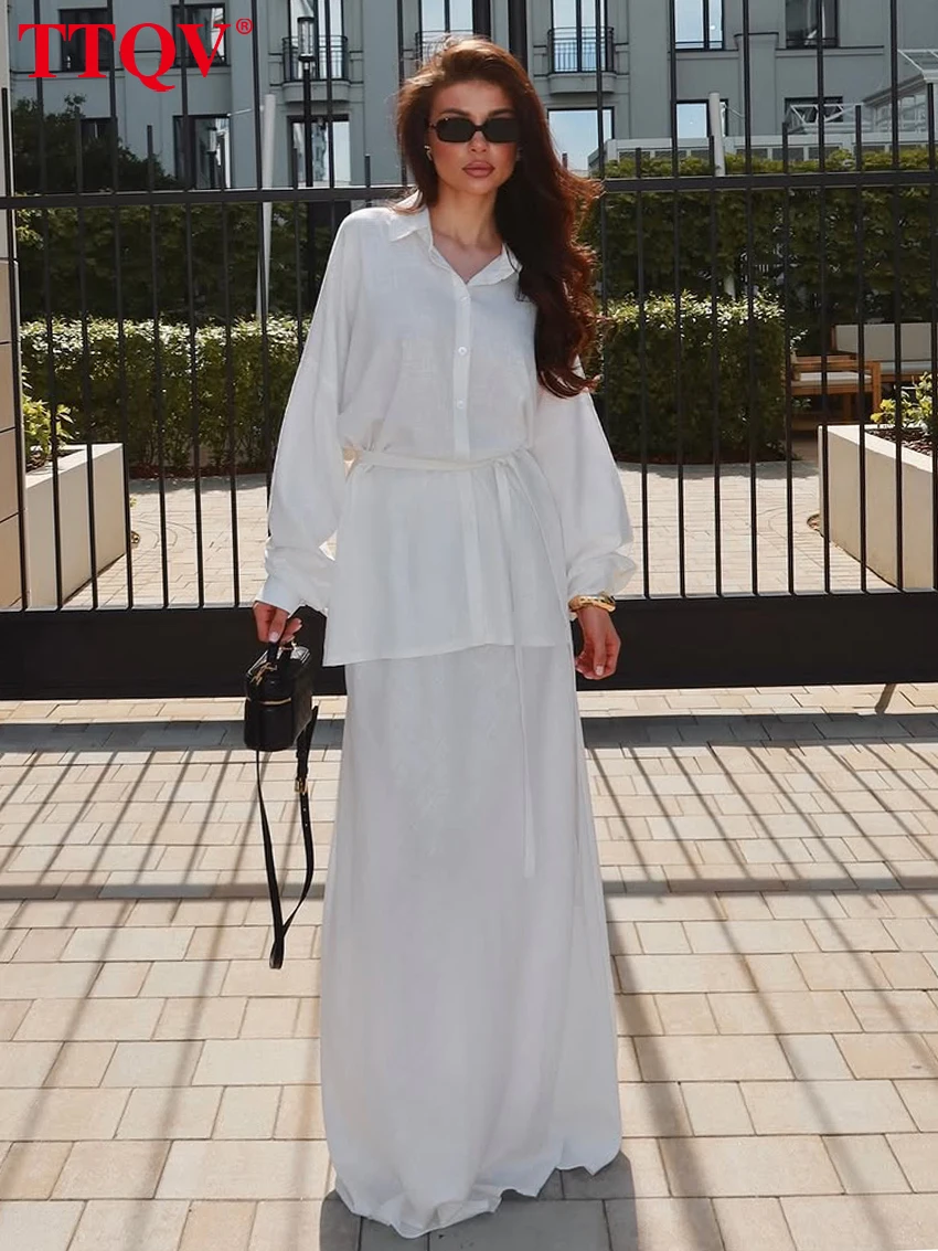 

TTQV Fashion Loose White Cotton Women's Two Pieces Set 2026 Elegant Long Sleeve Shirt With High Waist Maxi Skirt Set Female