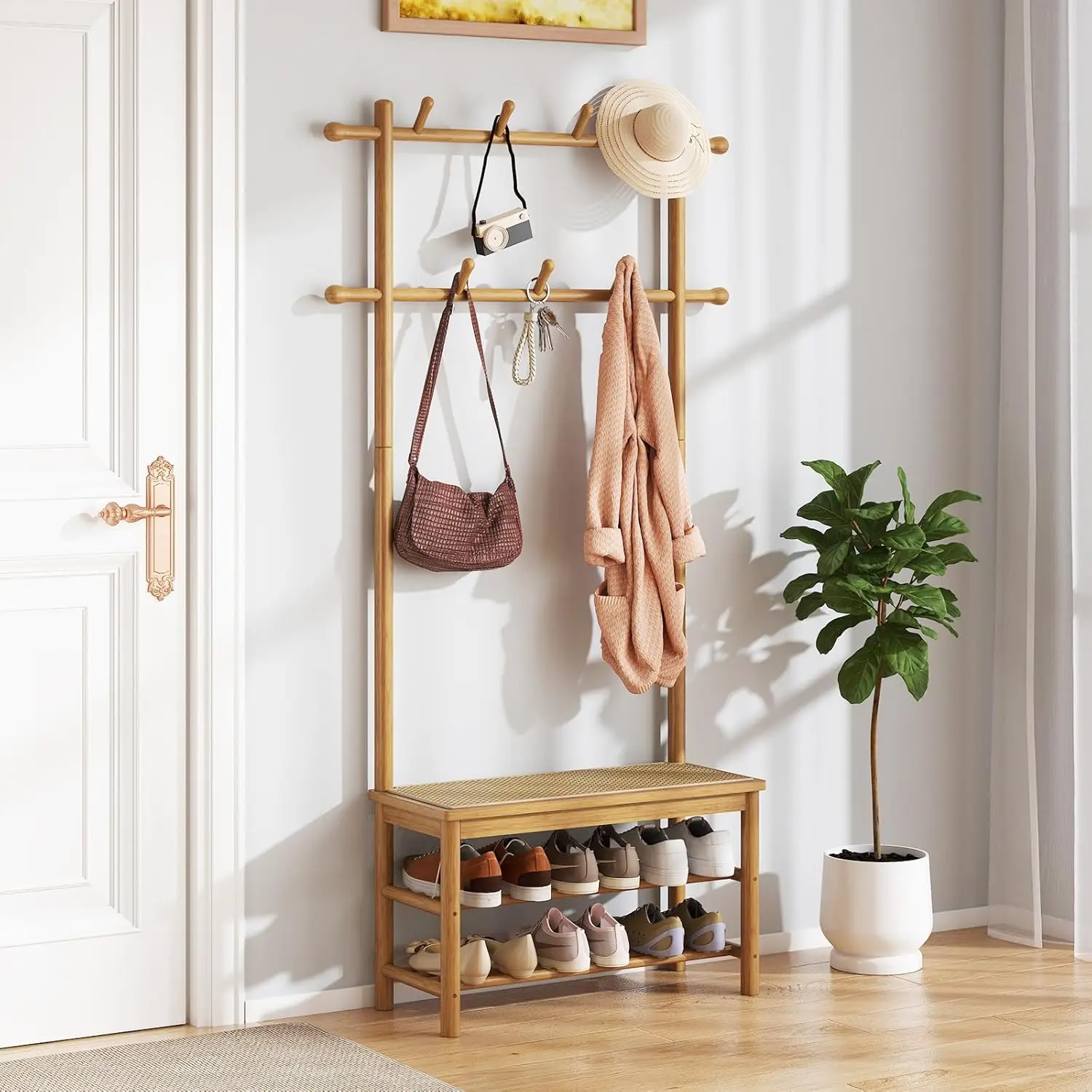

3-in-1 Hall Tree with Bench and Shoe Storage, Bamboo Coat Rack Freestanding w/PE Rattan Bench, 11 Hanging Rods, 3, Customized