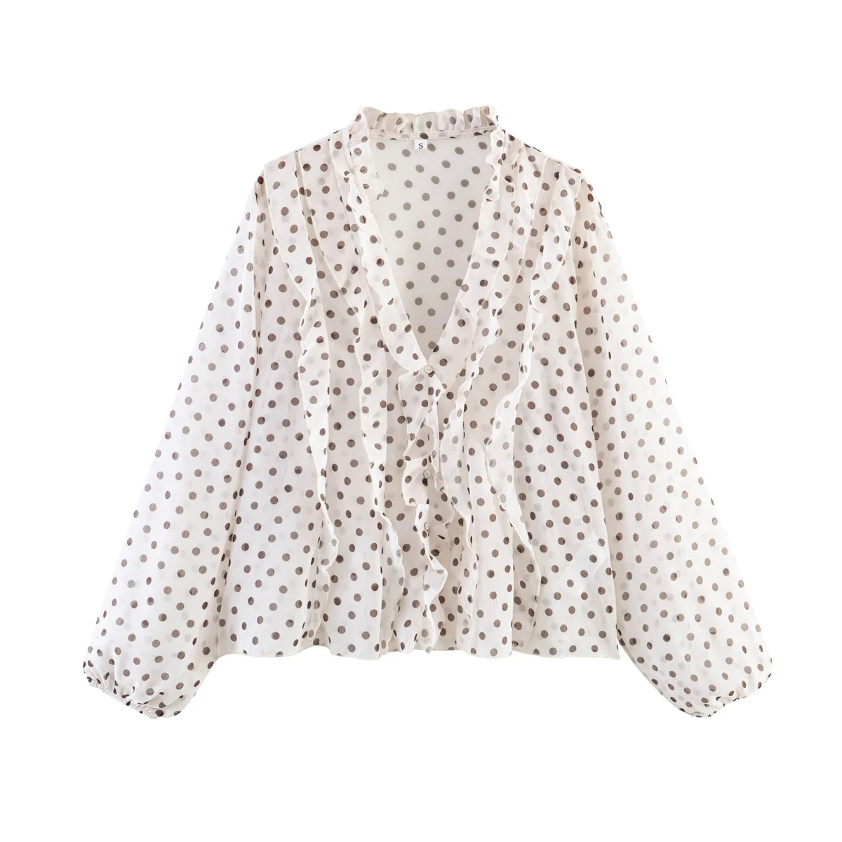 Dave&di European And American Style Women's Chiffon Multi-layer Ruffle Edge Dot Printed Shirt Blouses Women's Clothes Shirts Top