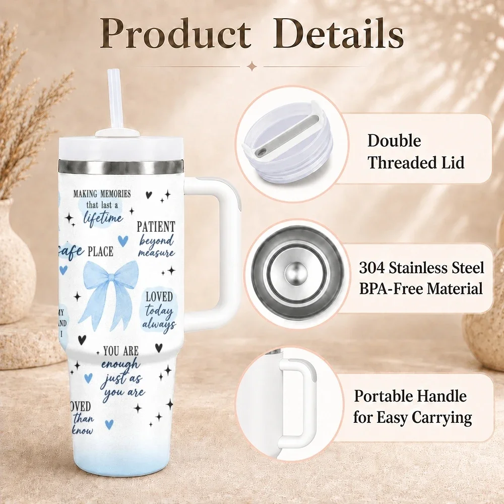 Blue Ribbon Mom Quotes Vacuum Flasks 40oz Stainless Steel Insulated Tumbler with Handle & Straw Leakproof Travel Mug