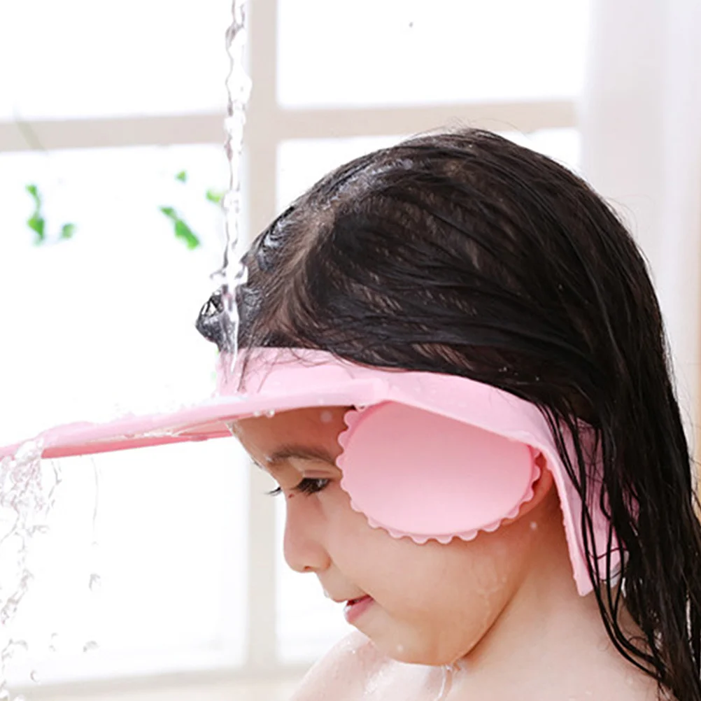 Gorro de baño infantil de silicona, gorro de champú ajustable para bebé, para ducha, lavado de cabello, protector para ojos, diseño de dibujos animados, uso cómodo, rosa