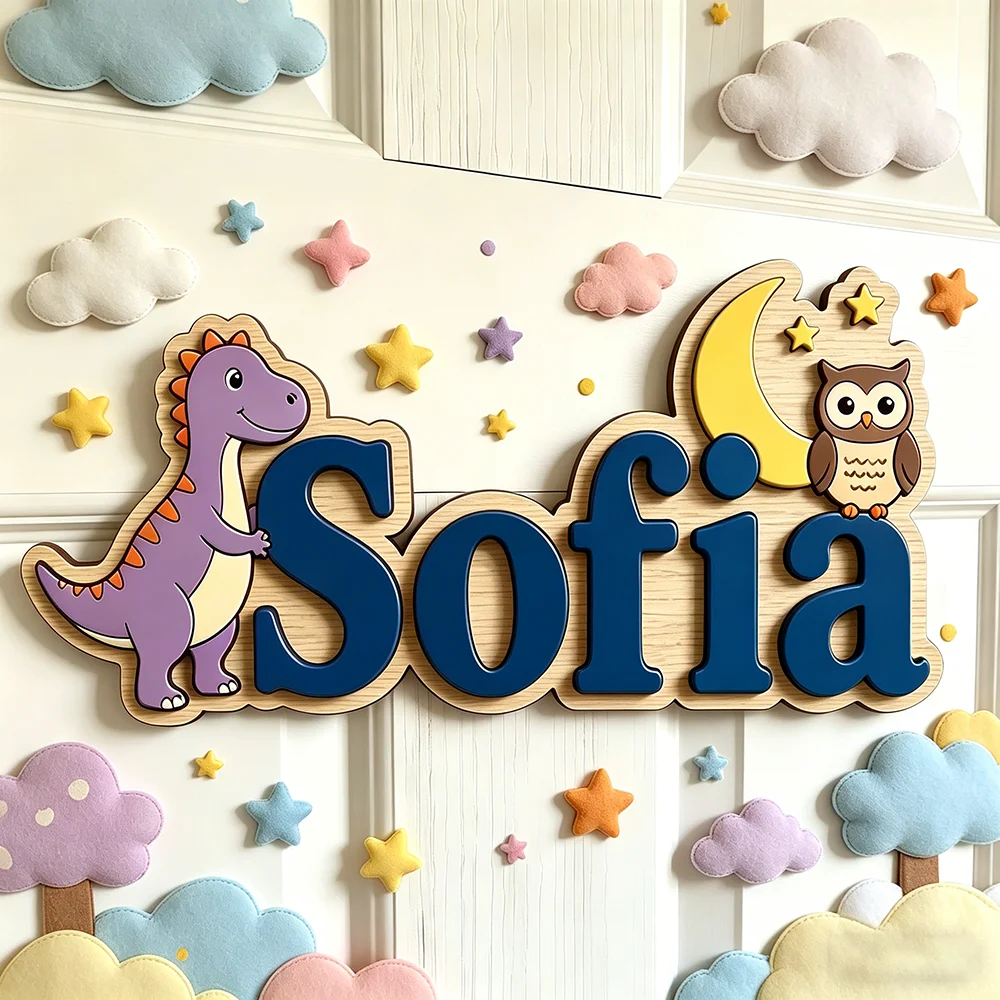 Whimsical Purple Dinosaur & Owl Custom Name Plaque for The Dearest Baby, Sweet Moon & Stars Nursery Wall Art, Personalized Soft