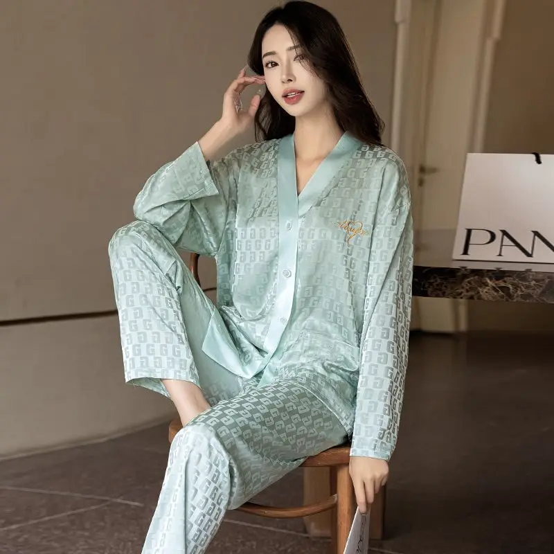 Pijamas Women Long-sleeved Ice Silk Pajamas Women's 2025 Summer Loungewear Silk Suit Spring and Autumn Can Be Worn Outside 2pcs