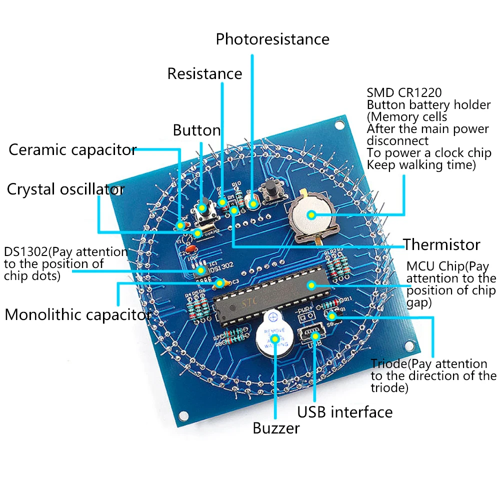 Rotating LED Display Alarm Electronic Clock DIY Kit Case Shell Light Control Temperature DS1302 C8051 MCU Module STC15W408AS