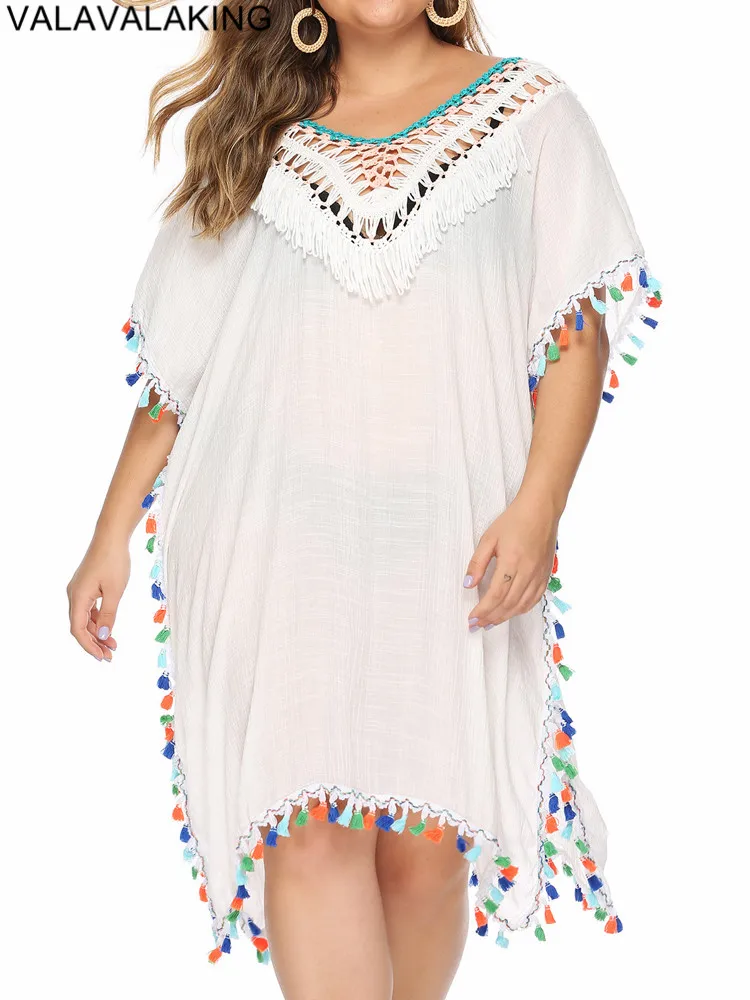 2025 Solid Women Plus Size Bikini Cove Up Short Sleeve Large Big Tunic Lady Chubby Beach Dress Tassels Hollow Swimsuit Cover-Ups