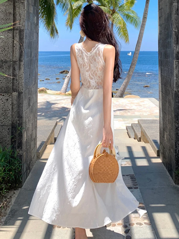 ผู้หญิงวันหยุดชุดยาวสีขาวสุภาพสตรีเซ็กซี่หวานลูกไม้ SHEER High Slit Ruffles Hook Floral Hollow Robe PARTY Holiday Vestidos