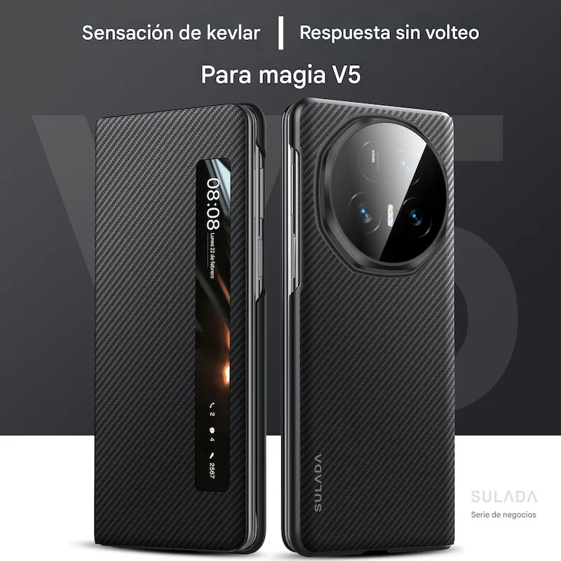 حافظة لهاتف Honor Magic V5 Sulada حافظة جلدية فاخرة بنمط ألياف الكربون Magsafe لهاتف Honor Magic V5 غطاء حماية مغناطيسي