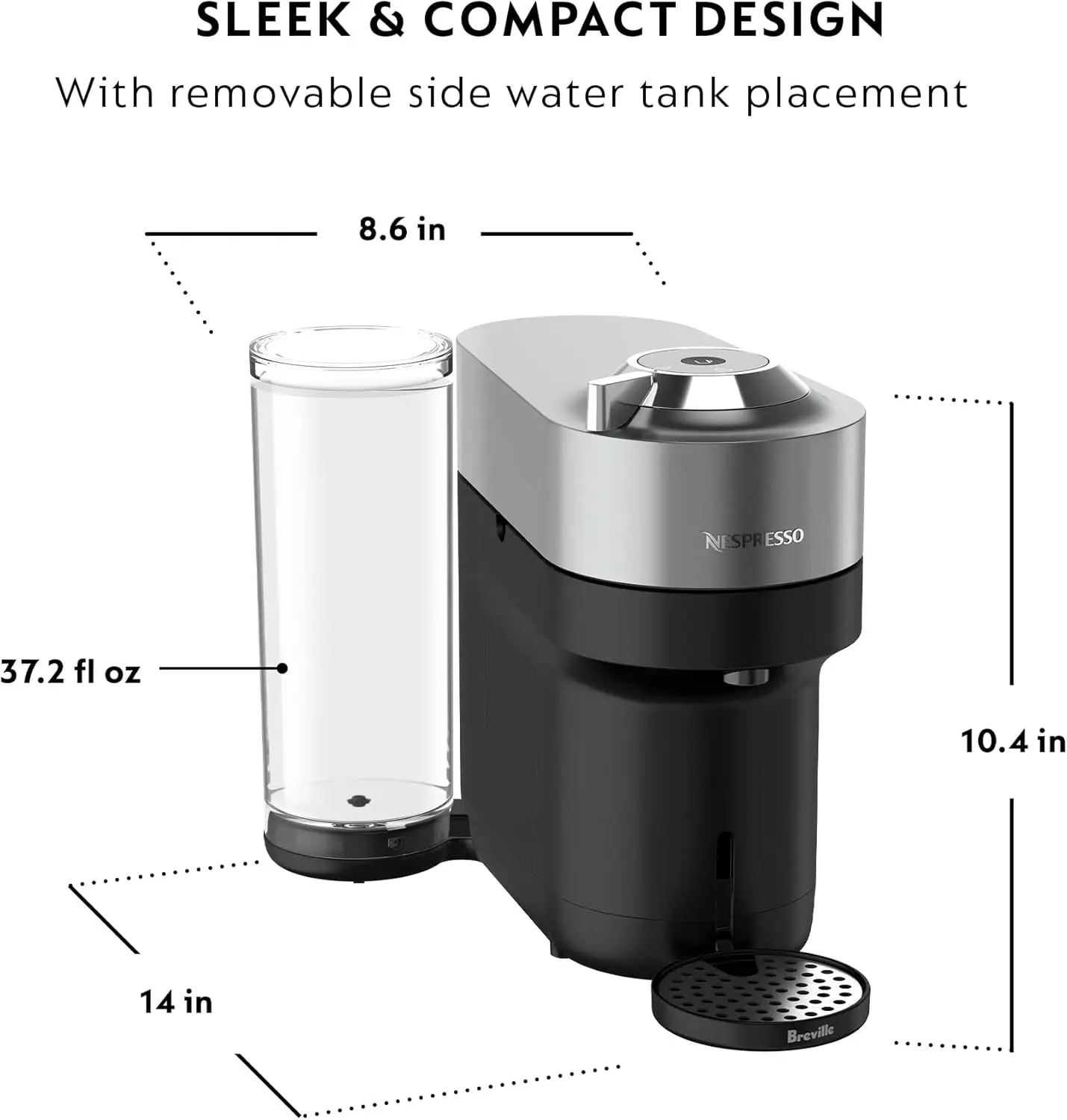 Máquina de café y Espresso de lujo, 37 Fl. Oz. Colocación de tanque de agua lateral extraíble para un fácil acceso para adaptarse a espacios pequeños