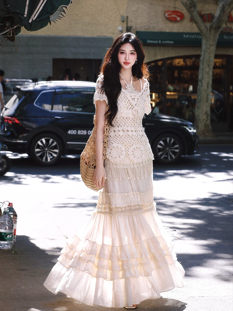 

TIYIHAILEY Long Maxi Women Cotton Lace Skirts Big Hem New Fashion A-line Elastic High Waist 2025 Ladies Summer Layers Patchwork