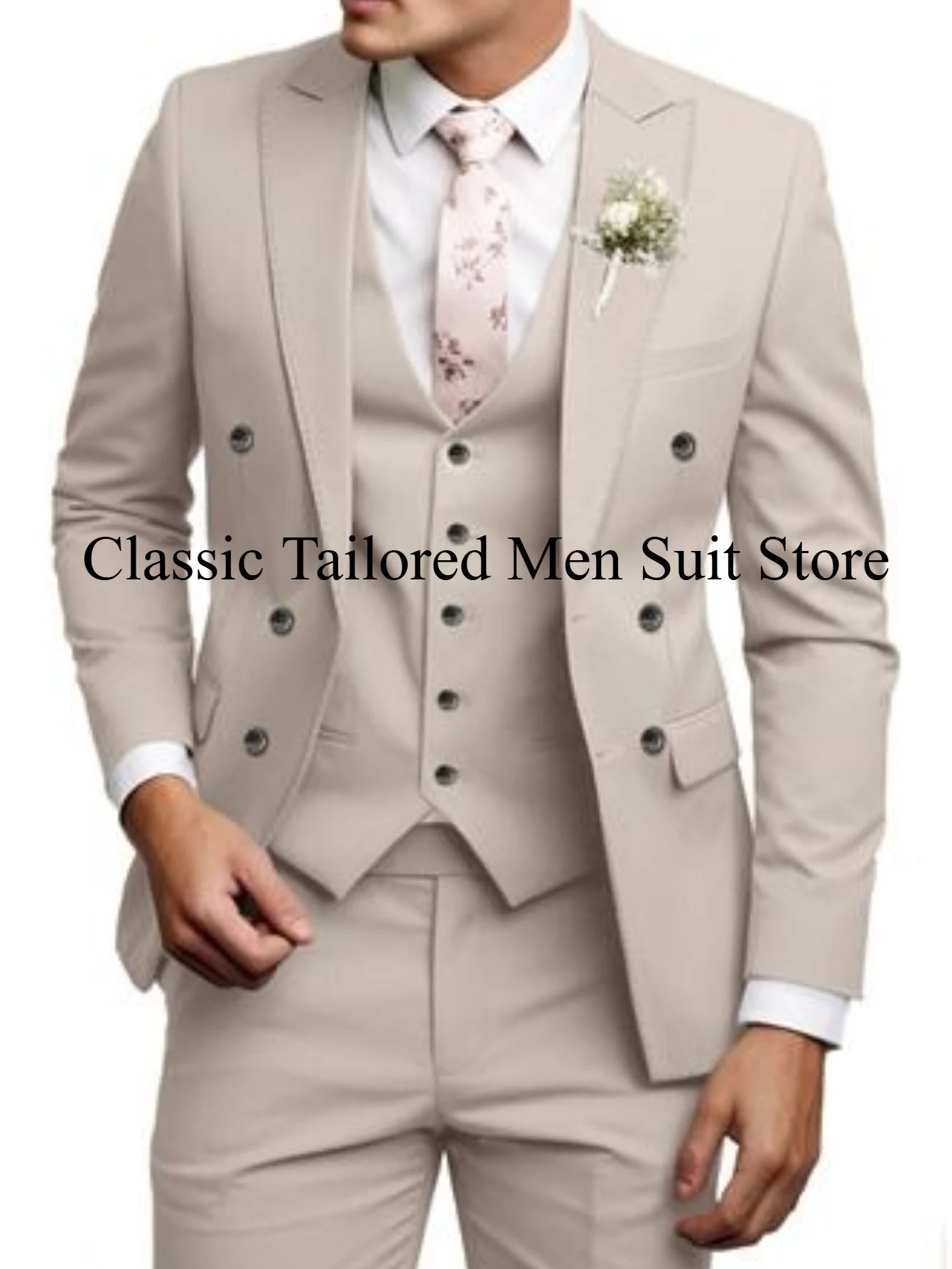 

Hot Sell High-end Beige Wedding Suits for Men 3Pieces Notch Lapel Fashion Groom Slim Casual Beach Set