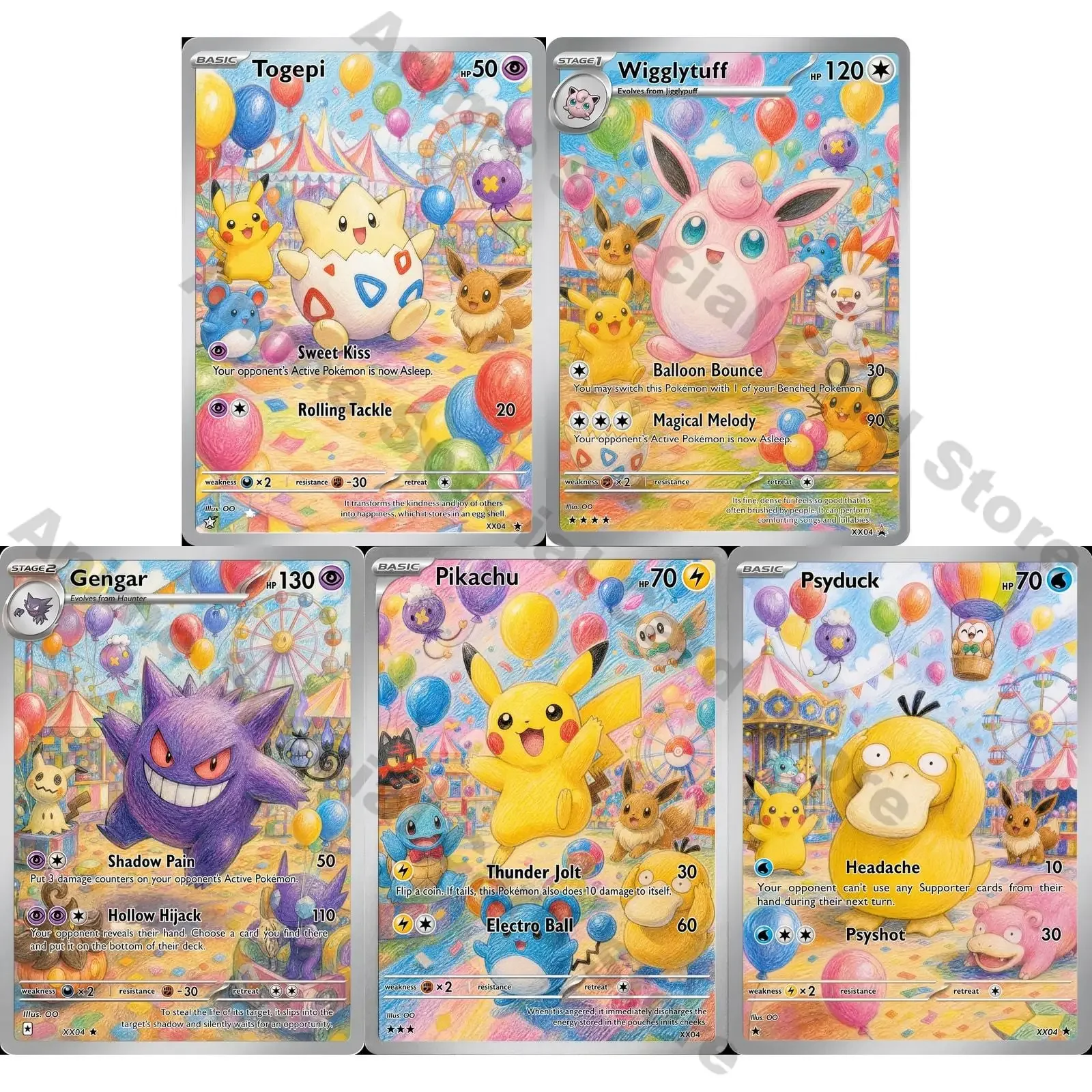 PTCG Cards PTCG Colored Pencil Style Custom Togepi Jigglypuff Eevee Psyduck Collection Cards Rare Cards Set PTCG Gift