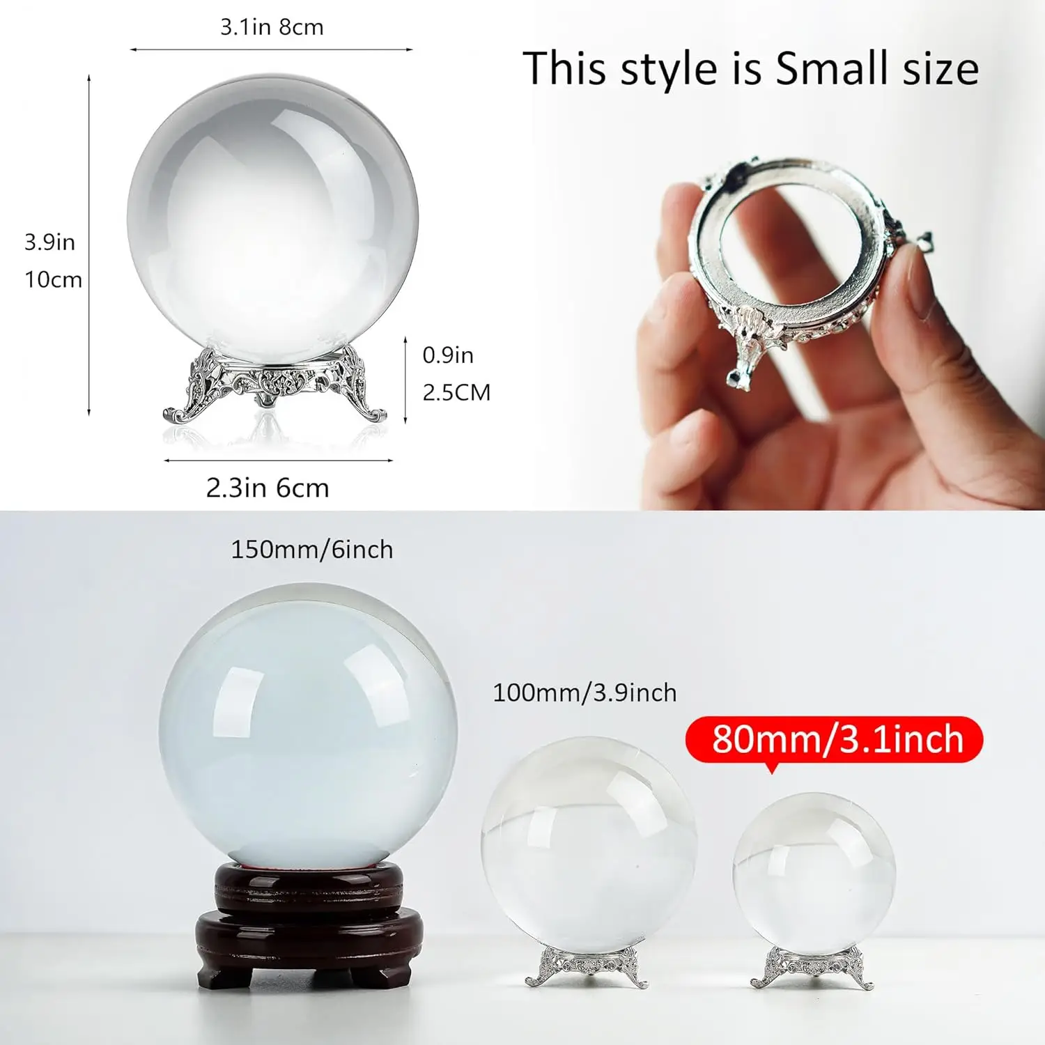 كرة كريستال شفافة 80 ملم مع حامل كرة كريستال لهواة الحظ للسحر، كرة مزخرفة مقاس 3.1 بوصة #2