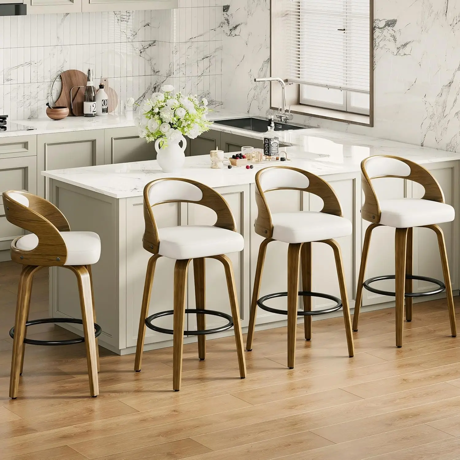 

26" Bar Stools Set of 4 Swivel Counter Height Stools Bar Chairs Faux Leather Bar Stool with Backrest & Solid Wood Legs & Wrap-Ar