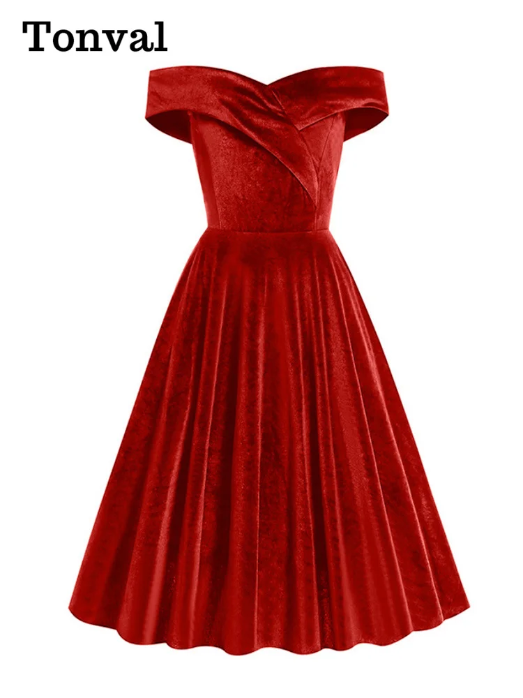 Tonval Elegant Off Shoulder Sexy Women Solid Velvet Winter Long Dress Fit and Flare Vintage Ladies Party Swing Dresses