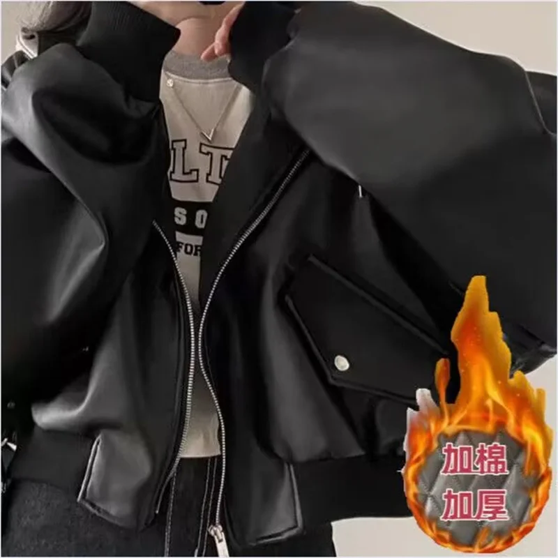 Korean Chic Spring & Autumn Unisex Retro Buckle Double Pocket Casual Loose Layered Fake Two-Piece Hooded Leather Jacket Black