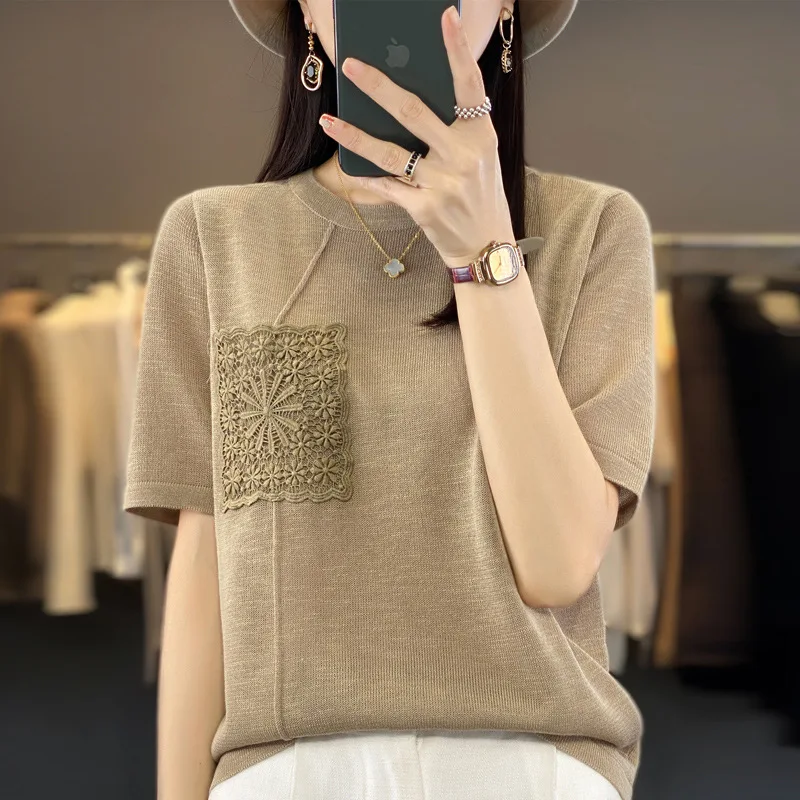 Women's Lace Patch Knit Short Sleeve T-Shirt, Casual Crew Neck Lightweight Knitted Top, Summer Spring Hollow Out Knit Blouse