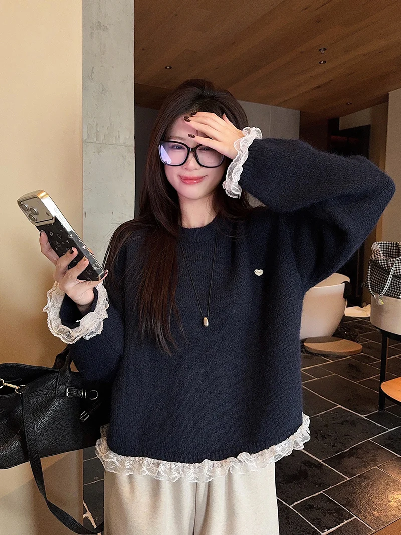 

Sweet Sle Long Sve Knitted Top round Ne Lace Embroidery Women's Autumn Winter Warm Sweater Soft Fabric Casual Wear