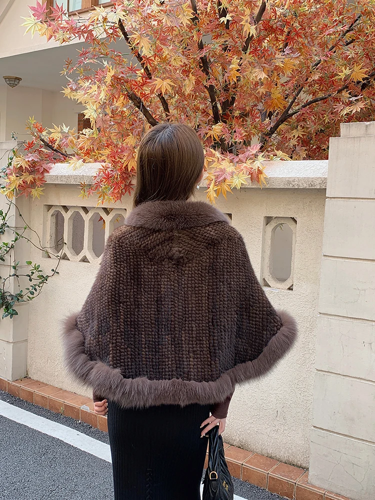 2025 New Real Mink Fur Coat Women Autumn Winter Shawl Knitted Genuine Fur Jacket Cape Scarf Natural Fox Fur Collar Luxury Cloak