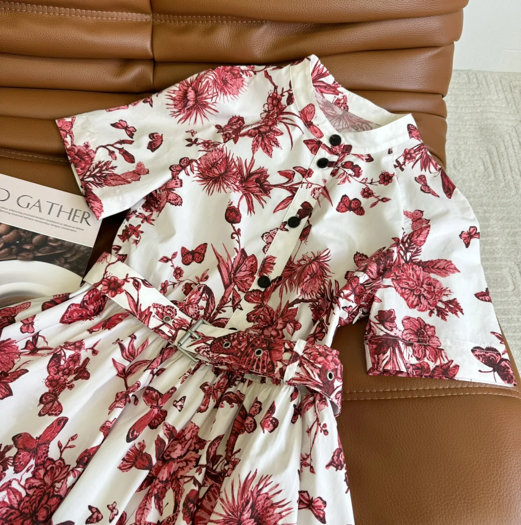 2024 new Summer Women Bottons Dress Female Red Floral O-Neck  short Sleeve High Waist Elegant Beach dress