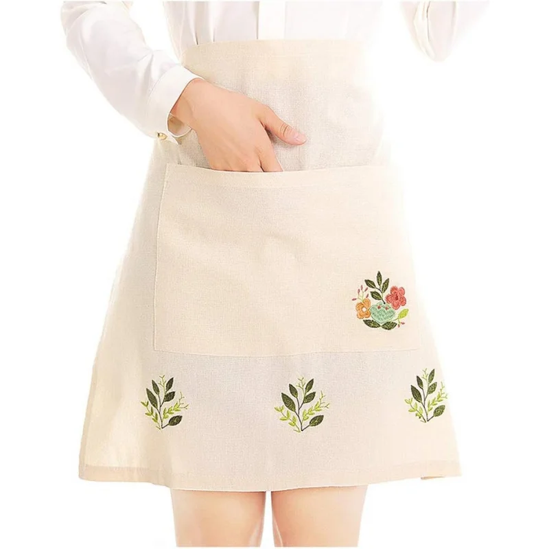 Delantal de té beige bordado de moda, delantales de media cintura de cocina para tareas domésticas para mujer con bolsillo, 22,4 x 21,2 pulgadas